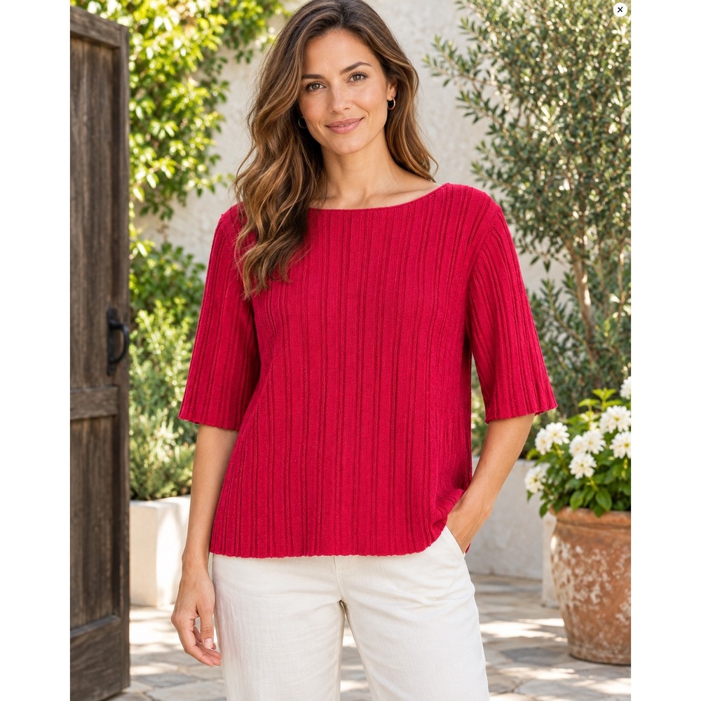Eileen Fisher Womens S Raspberry Red Ribbed Knit Top Cotton Nylon Boat Neck